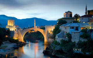 Картинка Мостар, минарет, закат, дома, мост, Босния и Герцеговина, горы, огни, небо, пейзаж, река