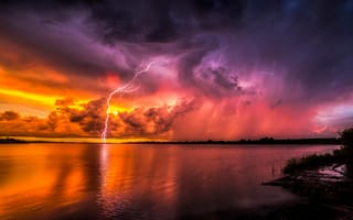 Картинка Psychadelic Lightning, молнии, закат