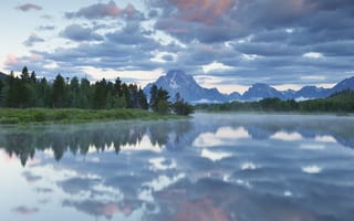 Картинка река, небо, Oxbow Bend, национальный парк, облака, США, отражение, деревья, Гранд-Титон, горы, штат Вайоминг, лес