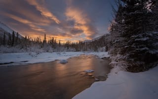 Картинка зима, Wheaton River, Yukon, Canada, Канада, снег, лес, небо, река, Юкон, Wheaton Valley