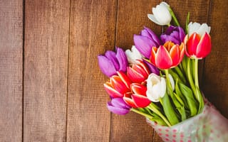 Картинка цветы, букет, tulips, flowers, wood, colorful, тюльпаны, white, red, spring, purple