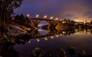 Картинка река, Швеция, огни, ночь, отражение, Skurubron, мост