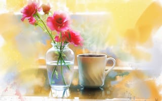 Картинка живопись, цветы, ваза, розы, чашка, кофе