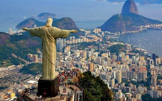 Картинка Рио-де-Жанейро, Бразилия, море, гора, статуя, бухта, дома, Христос