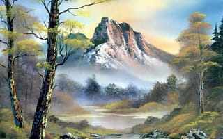 Картинка живопись, лес, горы, берёза, река, облака, картина, вода, Bob Ross, деревья, пейзаж, небо, Боб Росс, природа
