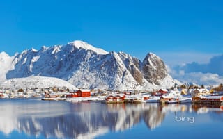 Обои Reine, небо, горы, дом, зима, поселок, Norway, снег, море, Норвегия, Lofoten Islands