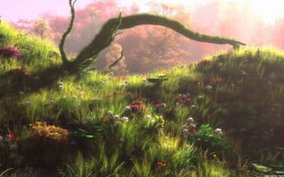 Картинка цветы, лес, нарисованный пейзаж, арт