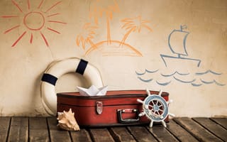 Картинка стена, солнце, рисунок, остров, пальмы, ракушка, спасательный круг, море, волны, чемодан, бумажный кораблик