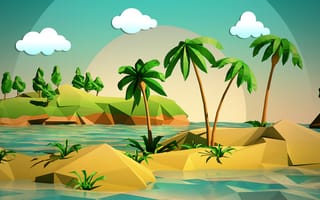 Картинка пейзаж, облака, деревья, остров, море, небо, пальмы
