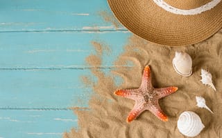 Обои песок, starfish, sand, лето, шляпа, beach, summer, звезда, пляж, ракушки, seashells, отдых