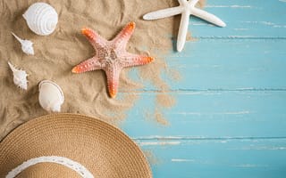 Картинка песок, пляж, шляпа, ракушки, звезда, beach, starfish, отдых, лето, sand, summer, seashells