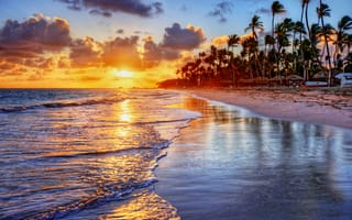 Картинка море, солнце, прибой, берег, песок, пальмы, облака