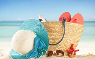Обои summer, sun, лето, сумка, каникулы, очки, шляпа, море, песок, пляж, starfish, sea, beach, солнце, vacation, сланцы, отдых, accessories