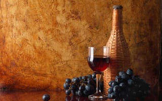 Картинка бутылка, грозди, виноград, отражение, вино, красное, стол, бокал