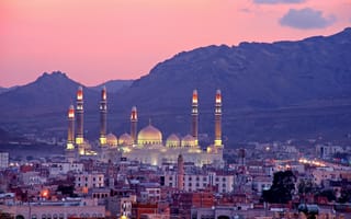 Картинка горы, Al Saleh Mosque, Мечеть Аль-Салех, Йемен, Сана, Sanaa, Yemen, панорама, здания