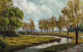 Обои нарисованный пейзаж, деревья, река, облака