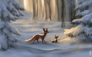 Обои лисёнок, нарисованный пейзаж, снег, ёлки, лисица, арт
