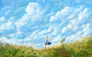 Картинка арт, bou nin, облака, трава, ветер, девушка, зонтик, зонт, табличка, поле, платье, небо, ступеньки