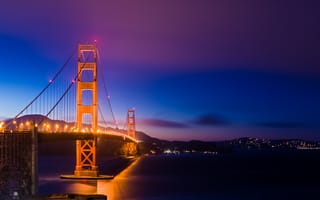 Картинка San Francisco, фиолетовое, США, Сан-Франциско, освещение, подсветка, мост, синее, Золотые Ворота, ночь, Golden Gate Bridge, California, Калифорния, USA, огни, небо