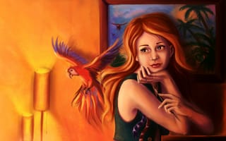 Картинка арт, рыжая, картина, комната, попугай, взгляд, свет, девушка