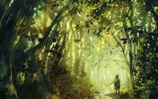 Картинка арт, деревья, дорожка, лес, человек