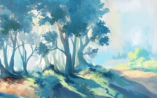 Картинка арт, нарисованный пейзаж, деревья, трава
