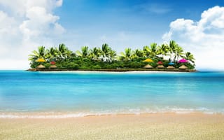Картинка природа, море, зонтики, тропики, пляж, пальмы, остров