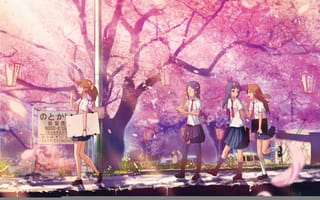 Картинка Cherry blossom, японии, сакура, лепестки, цветущая, розовые, школьницы
