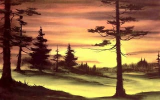 Обои живопись, лес, картина, природа, Bob Ross, Боб Росс, закат, солнце, деревья