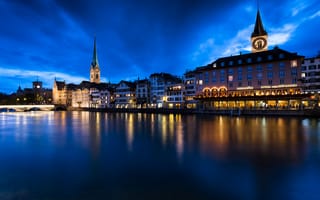 Картинка Швейцария, город, дома, свет, Цюрих, Zürich, ночь, подсветка, огни