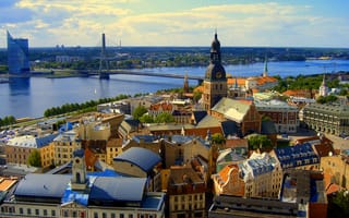 Картинка Рига, дома, Латвия, панорама, небо, река, мост