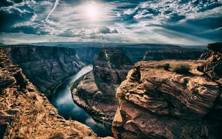 Картинка река, Horseshoe Bend, солнце, подкова, Аризона