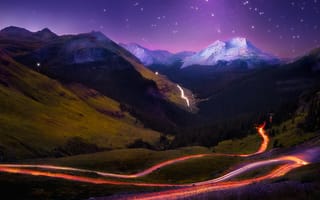 Картинка дорога, лес, снег, горы, звезды, небо, ночь, пейзаж