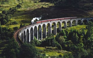 Картинка пейзаж, мост, железная дорога, природа, паровоз