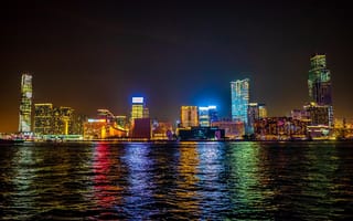 Картинка city, water, reflection, architecture, Hong Kong, sea, buildings, skyscrapers, cityscape, lights, city lights, night, colors