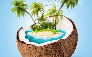 Картинка остров, небо, пальмы, облака, море, кокос