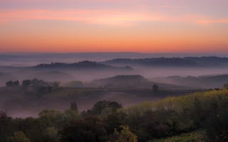 Картинка дорога, поле, небо, холмы, рассвет, туман, деревья, облака