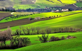 Картинка Италия, деревья, Кампанья, поля, дом, трава, холмы