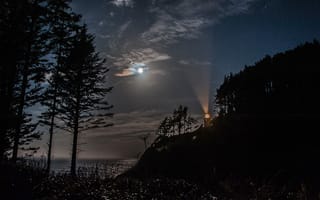 Картинка ночь, Луна, море, облака, маяк, небо, скала, деревья