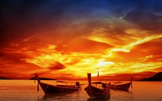 Картинка небо, вода, лодки, закат