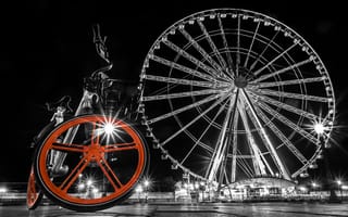 Картинка велосипед, колесо обозрения, Париж, Франция, Paris, Place de la Concorde, Площадь Согласия, монохром, площадь, France
