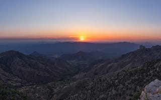 Картинка небо, солнце, растительность, туман, рассвет, горы, холмы, синева