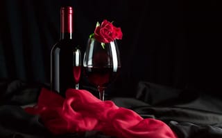 Картинка красный, бокал, ткань, роза, вино