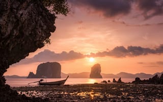 Обои закат, Hong Islands, небо, Krabi, Тайланд, море, лодка, Thailand, скалы