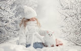 Картинка зима, снег, девочка, кошка, друзья