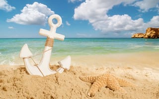Картинка море, sea, anchor, rock, starfish, sky, песок, скала, clouds, beach, якорь, небо, морская звезда, пляж, sand, облака