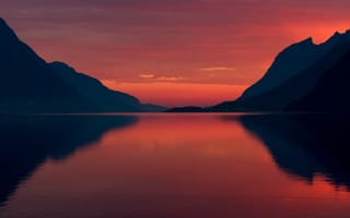 Картинка Норвегия, фьорд, закат, море, горы, небо