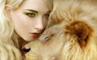 Картинка девушка, кошка, лев, хищник, грива, объятия