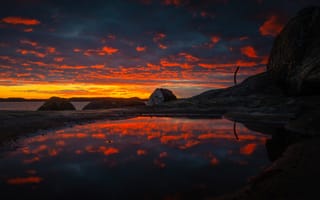 Картинка небо, вода, отражение, тучи, облака, закат, пейзаж, темнота