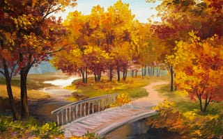 Картинка река, время года, осень, мостик, деревья